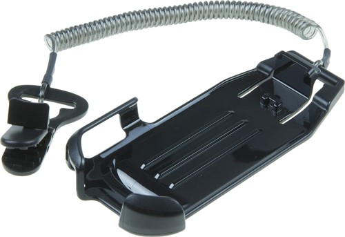 Holder with coiled lanyard and clip for Zebra EC30